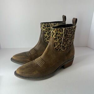 Very Volatile Braya Brown Leopard Print Suede Pull Tabs Stacked Heel Ankle Boots